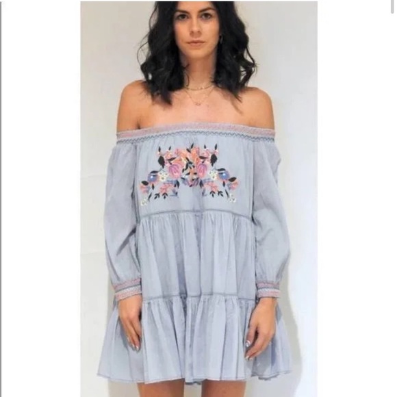 Free People Sunbeams A line Dress Womens Blue Off the Shoulder Boho Festival XS - Picture 2 of 14